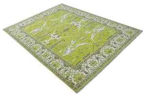 Bright Green and Ivory Hand knotted Oriental Oushak 9x12 wool Area Rug