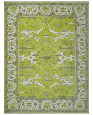 Bright Green and Ivory Hand knotted Oriental Oushak 9x12 wool Area Rug