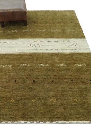 Brown and Ivory Geometrical Stripes Design Hand loom 4.6x6.6 wool Area Rug