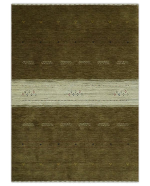 Brown and Ivory Geometrical Stripes Design Hand loom 4.6x6.6 wool Area Rug