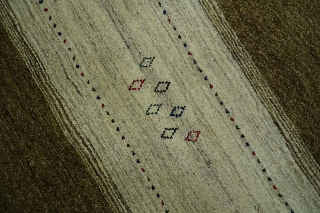 Brown and Ivory Geometrical Stripes Design Hand loom 4.6x6.6 wool Area Rug