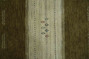Brown and Ivory Geometrical Stripes Design Hand loom 4.6x6.6 wool Area Rug