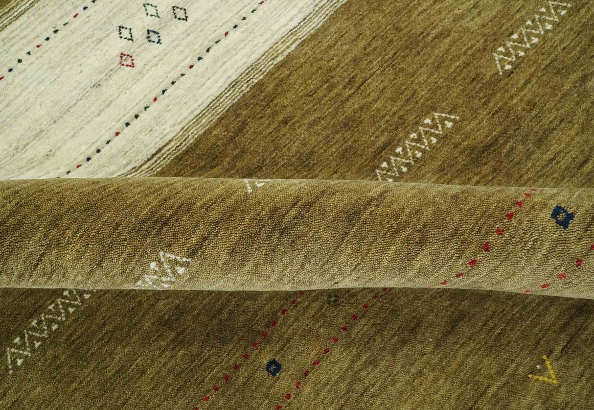 Brown and Ivory Geometrical Stripes Design Hand loom 4.6x6.6 wool Area Rug