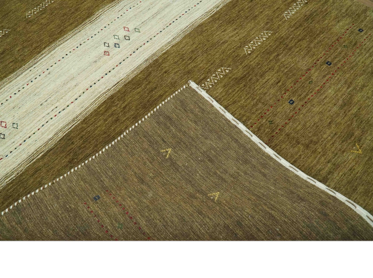 Brown and Ivory Geometrical Stripes Design Hand loom 4.6x6.6 wool Area Rug