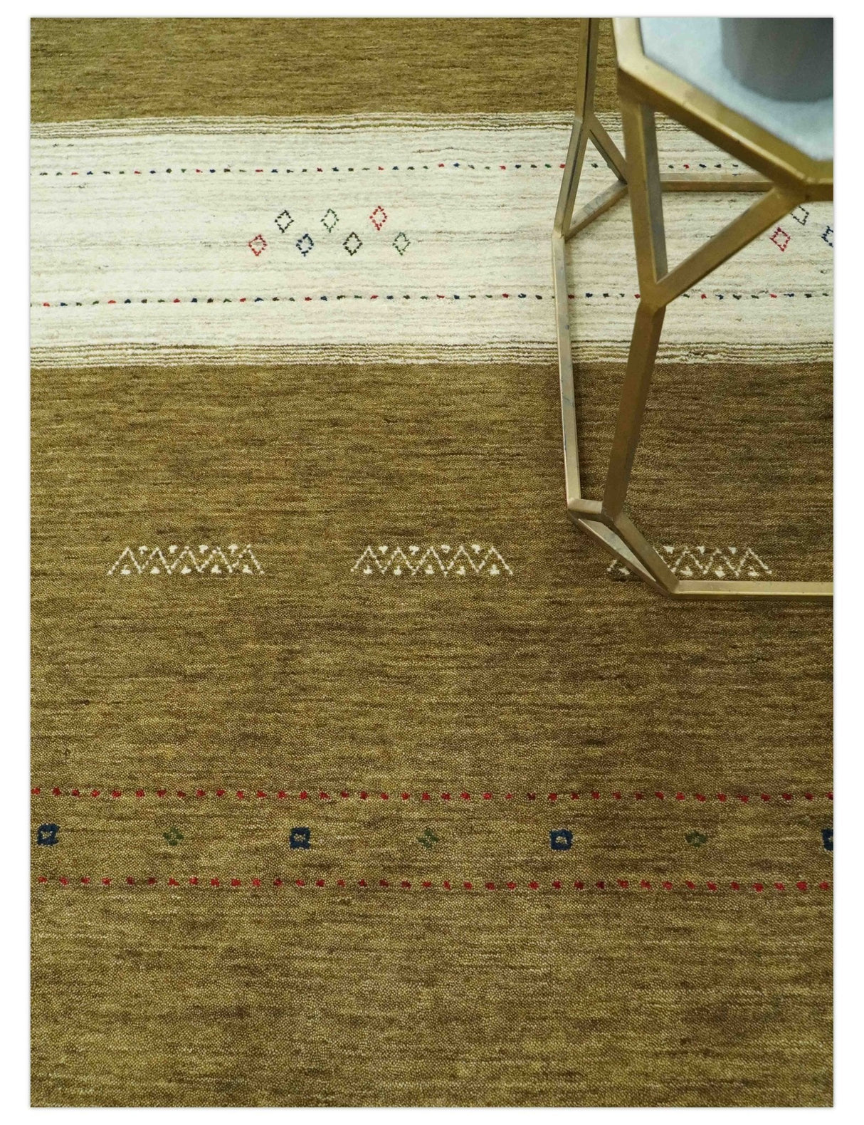 Brown and Ivory Geometrical Stripes Design Hand loom 4.6x6.6 wool Area Rug