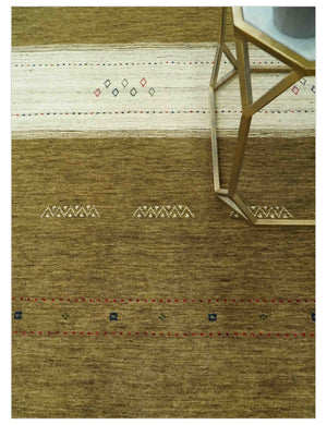 Brown and Ivory Geometrical Stripes Design Hand loom 4.6x6.6 wool Area Rug