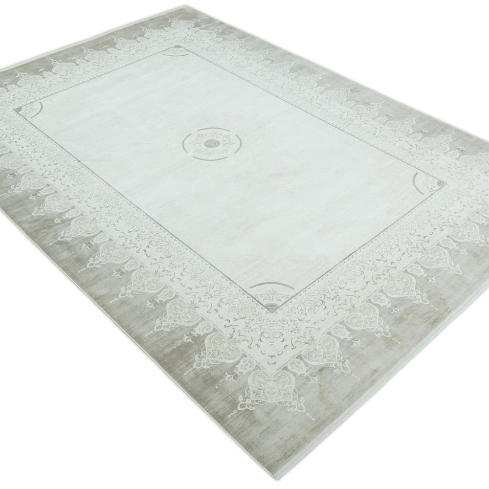 Traditional Brown and Ivory Antique Finish Art Silk Area Rug