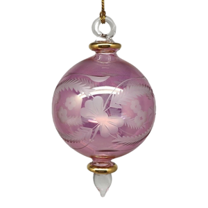 Etched Blown Glass Ball Ornament - Pink