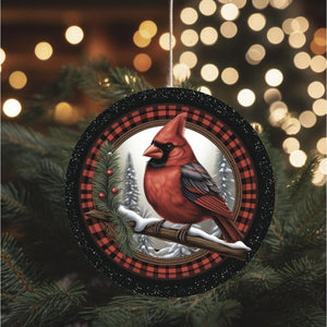 Buffalo Plaid Cardinal Round Sign - Wreath Enhancement