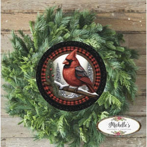 Buffalo Plaid Cardinal Round Sign - Wreath Enhancement