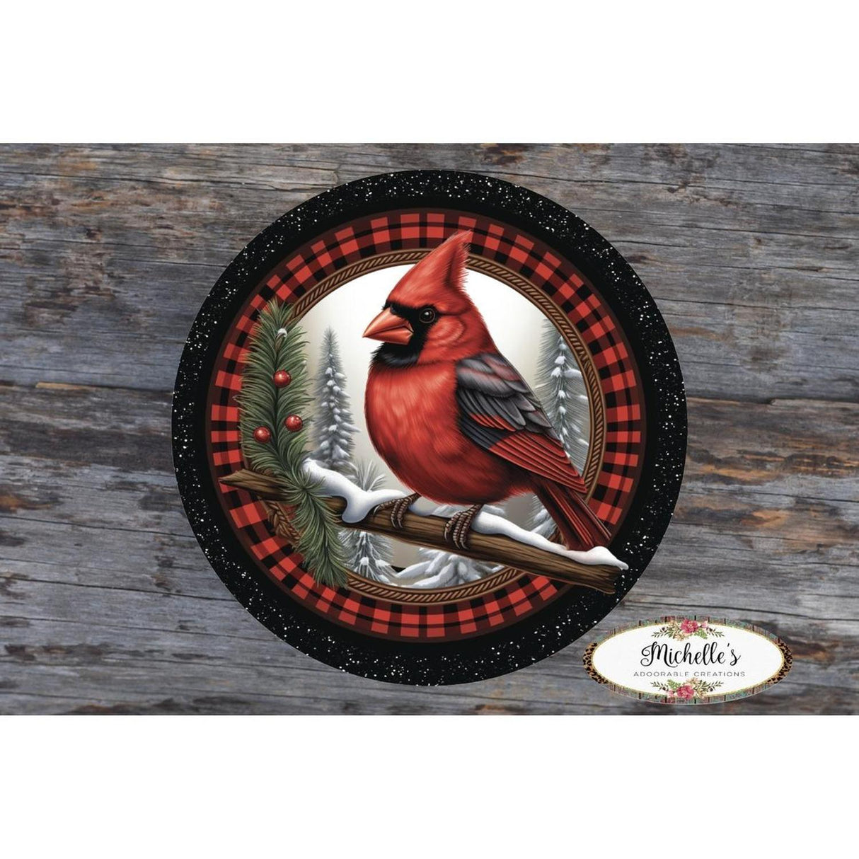 Buffalo Plaid Cardinal Round Sign - Wreath Enhancement