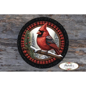Buffalo Plaid Cardinal Round Sign - Wreath Enhancement