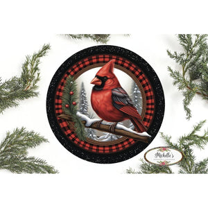 Buffalo Plaid Cardinal Round Sign - Wreath Enhancement