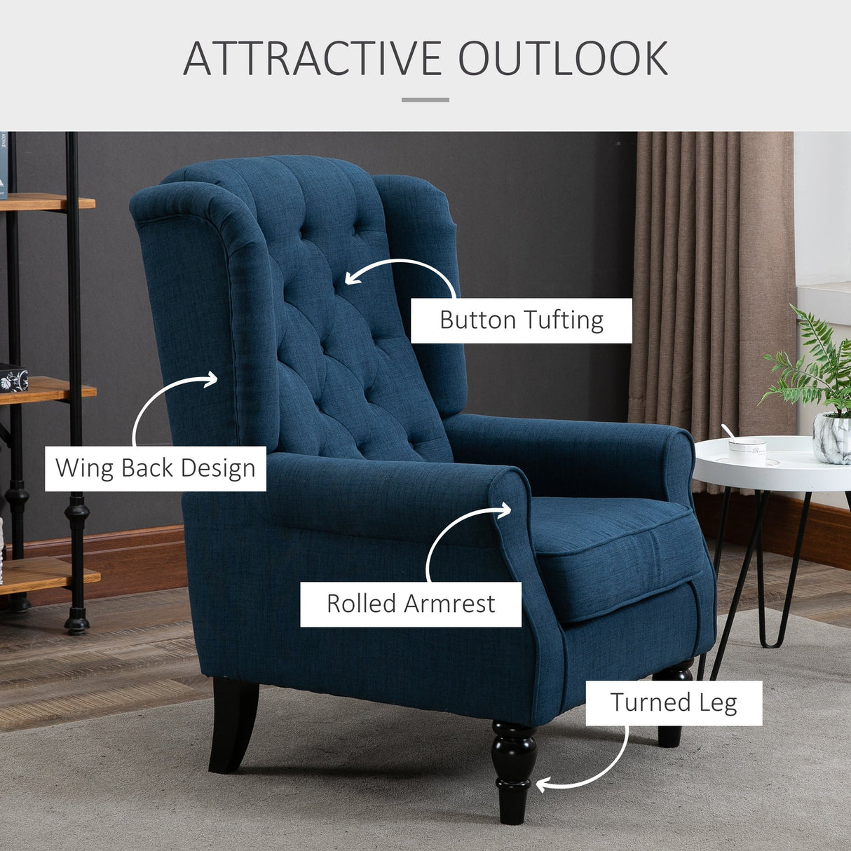 Button Tufted Upholstered Accent Chair with Wing Back and Rolled Arms - Accent Chairs
