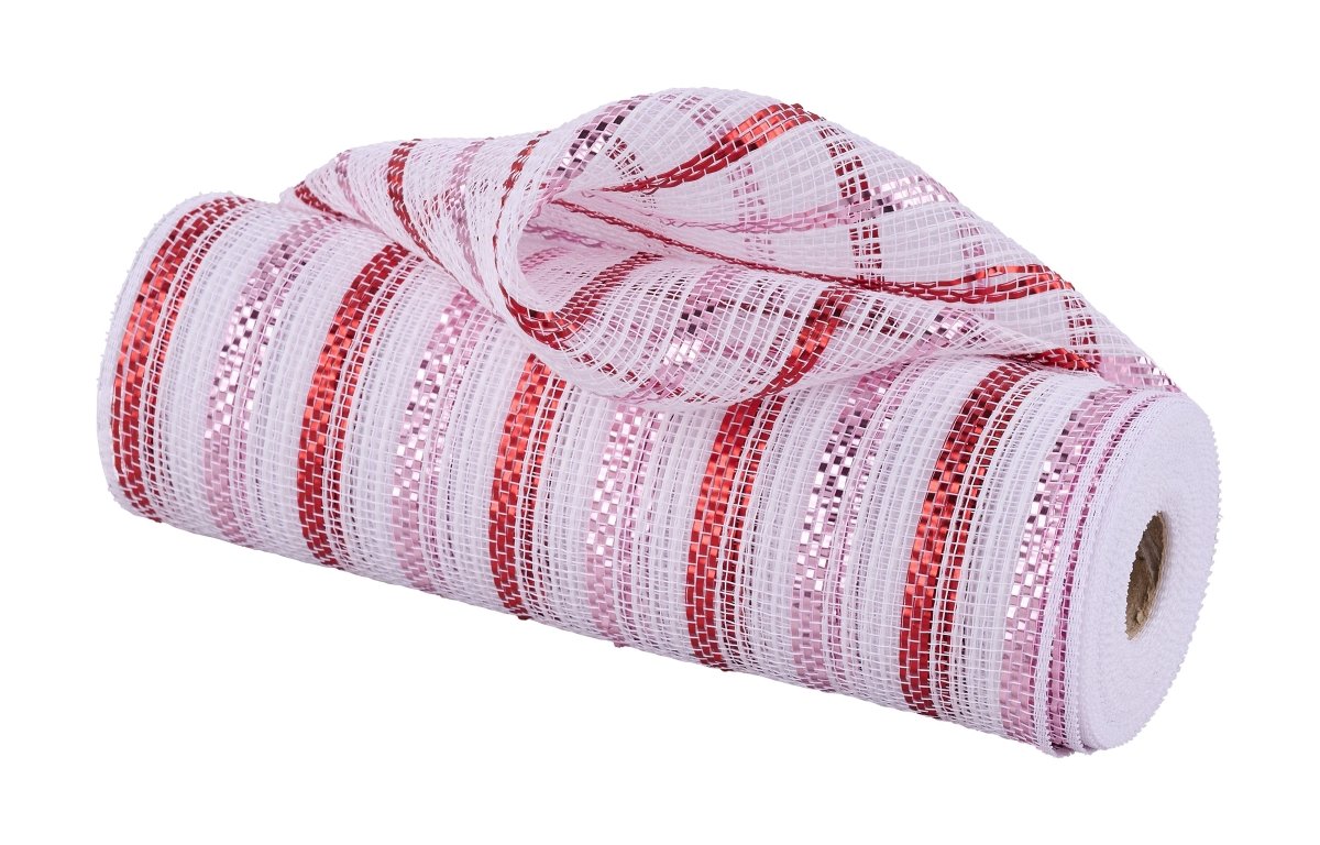 10" Poly Faux Jute Metallic Mesh Ribbon: White/Pink/Red (10 Yards)