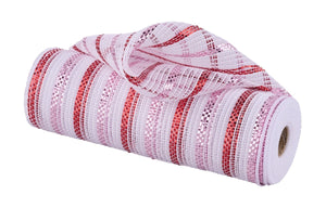 10" Poly Faux Jute Metallic Mesh Ribbon: White/Pink/Red (10 Yards)