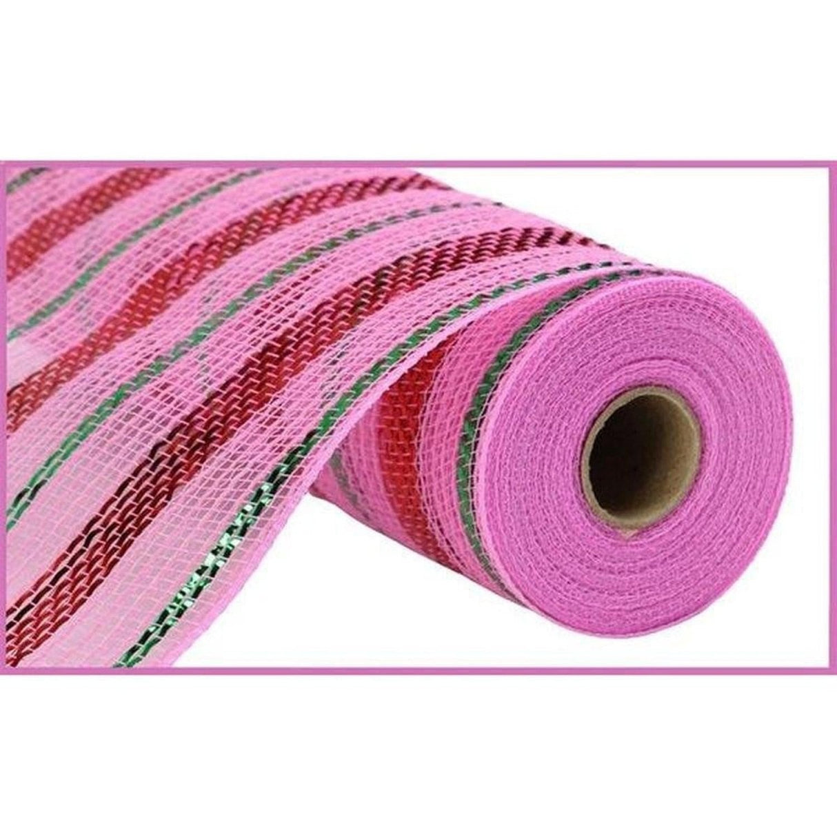 10.25" Poly Faux Jute Metallic Mesh Ribbon: Lt Pink/Red/Emerald (10 Yards)