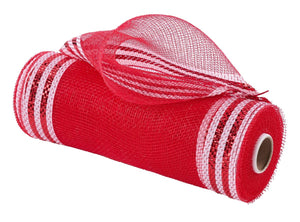 10.5" Border Stripe Metallic Mesh Ribbon: Red/White (10 Yards)
