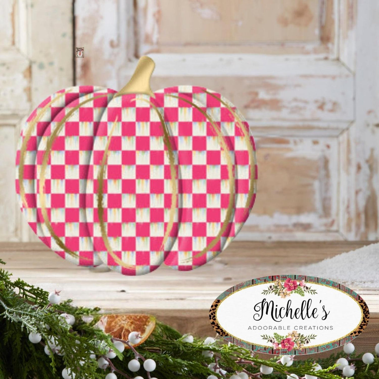 12" Metal Embossed Hanger: Hot Pink Check