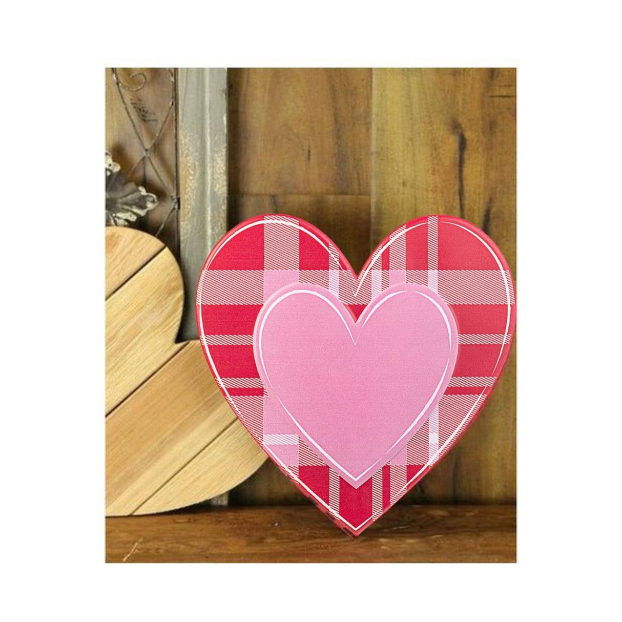 12" Metal Embossed Heart Hanger: Red/Pink Plaid
