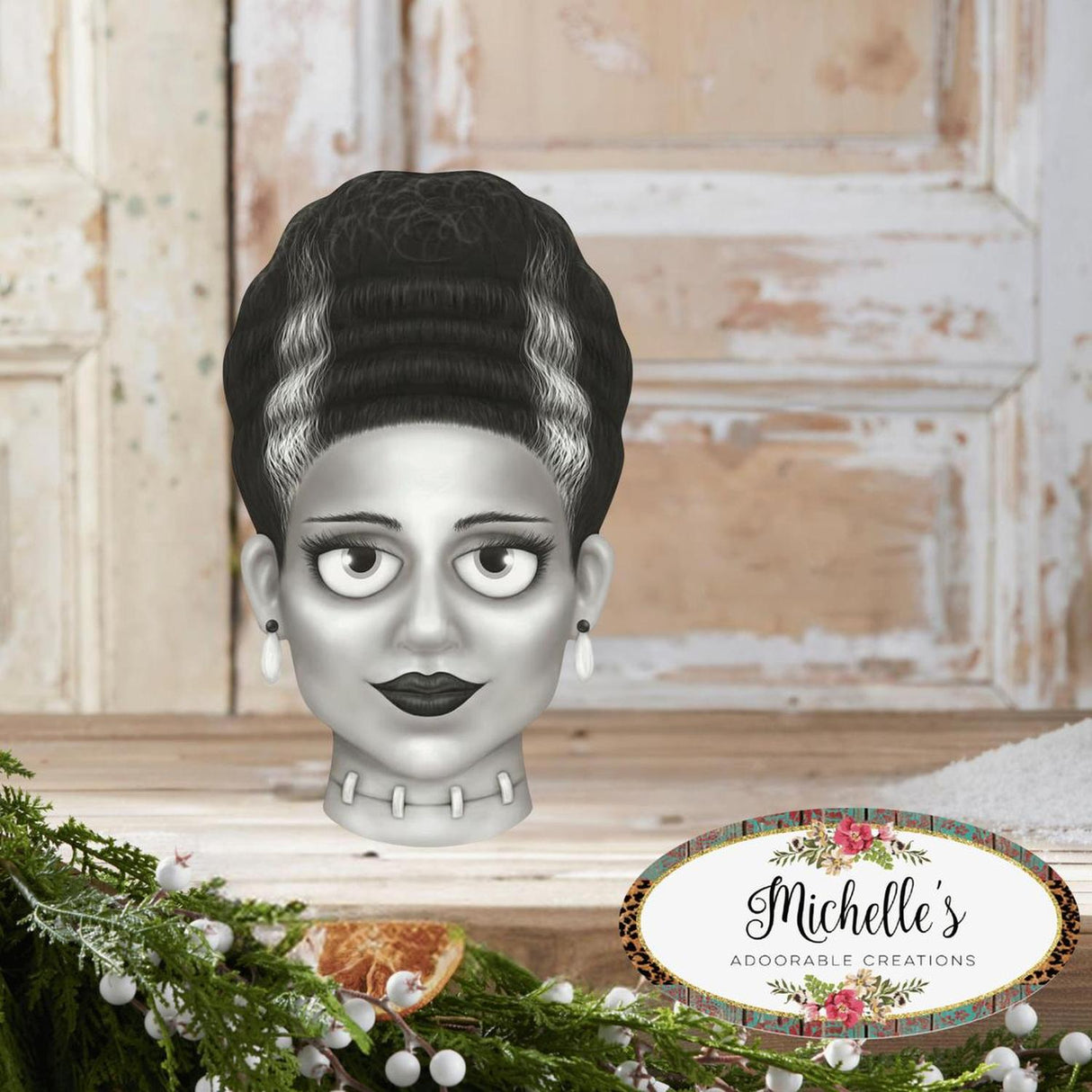12" Metal Embossed Sign: Mrs. Frankenstein (Grey)