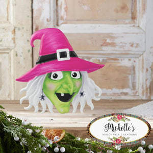 12" Metal Embossed Sign: Witch Head (Pink)