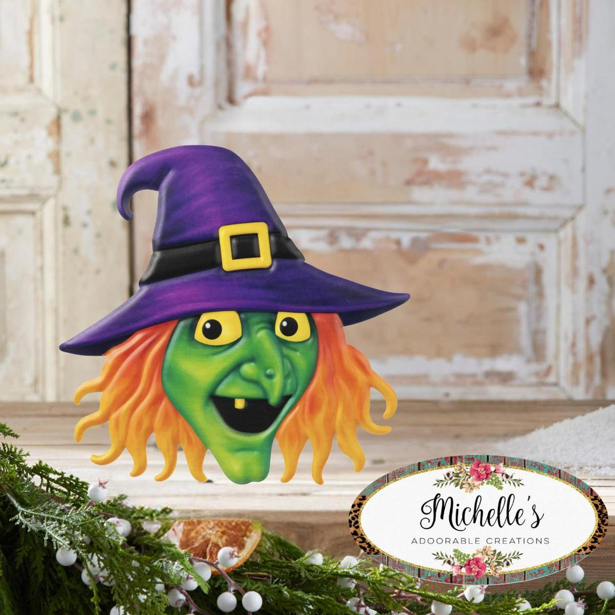 12" Metal Embossed Sign: Witch Head (Purple)