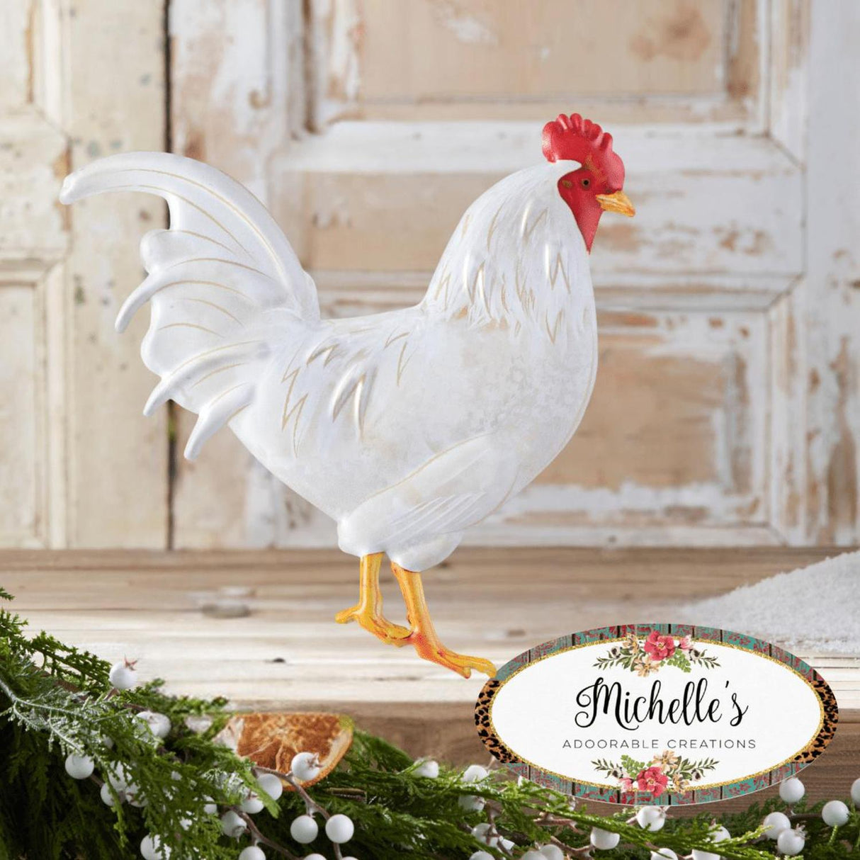 12" Metal Rooster Hanger: White