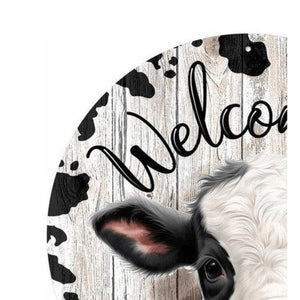 12" Metal Round Sign: Welcome Black Calf
