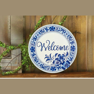 12" Metal Round Sign: Welcome Blue Floral