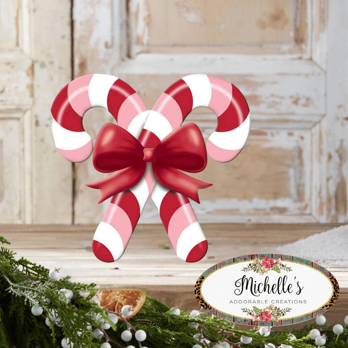 13" Metal Embossed Candy Canes: Pink/Red