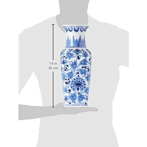 14 Inch Ceramic Blue & White Chinoiserie Square Vase