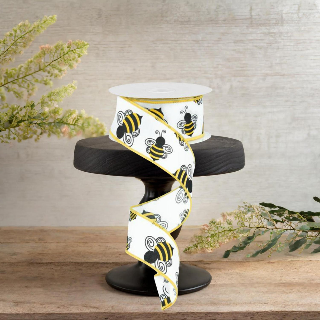 1.5" Bumble Bee Ribbon: White Satin (10 Yards)