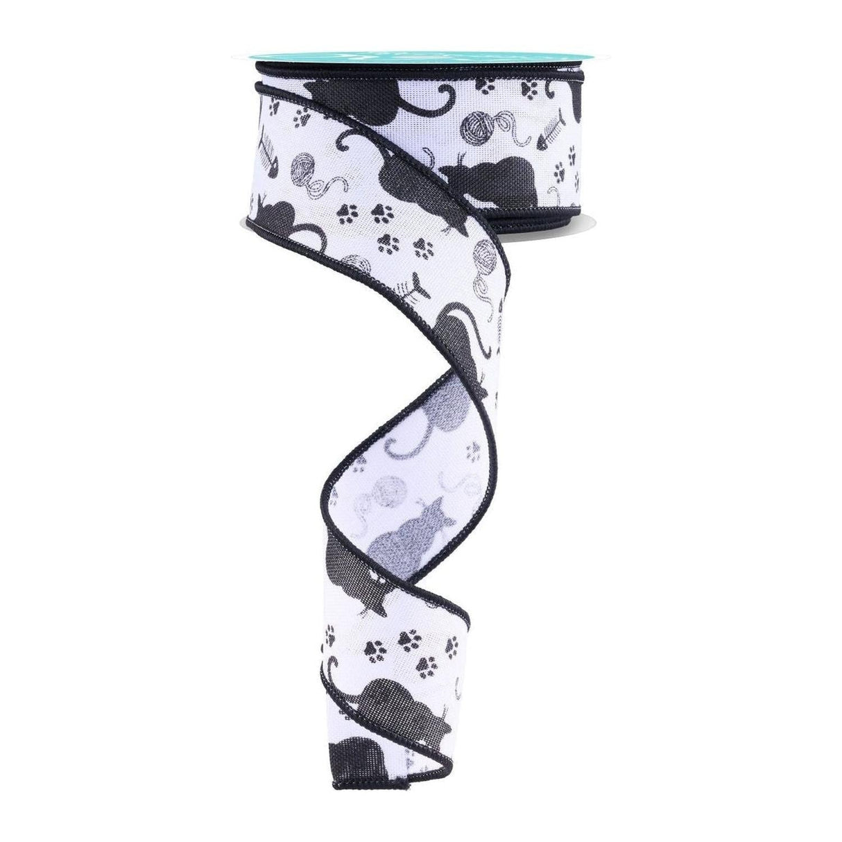 1.5" Cat Silhouettes Ribbon: White & Black (10 Yards)