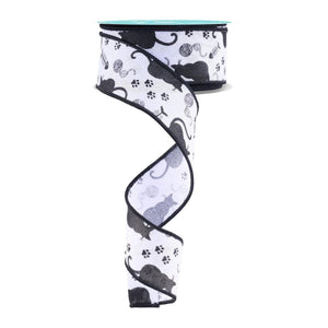 1.5" Cat Silhouettes Ribbon: White & Black (10 Yards)