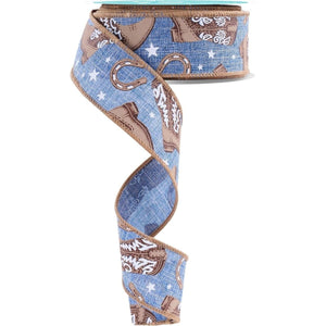 1.5" Cowboy Boots Ribbon: Blue (10 Yards)