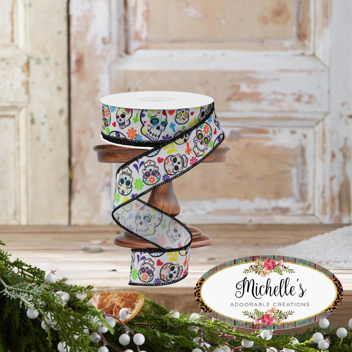 1.5" Day of the Dead Ribbon: White (10 Yards)