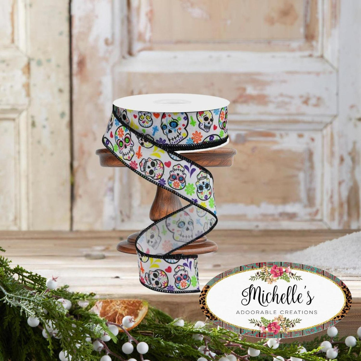 1.5" Day of the Dead Ribbon: White (10 Yards)