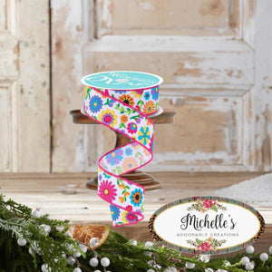 1.5" Fiesta Florals Ribbon: White (10 Yards)