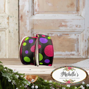 1.5" Glitter Dots Black Ribbon: Fuchsia, Lime Green Purple (10 Yards)