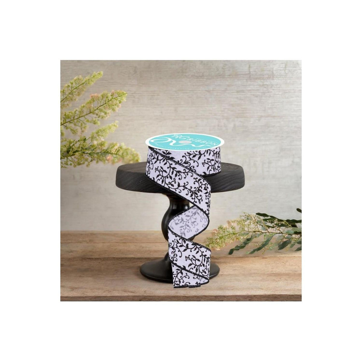 1.5" Glitter Mini Leaf Vines Ribbon: White/Black (10 Yards)