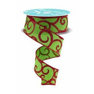 1.5" Glitter Swirl Ribbon: Green/Red (10 Yards)