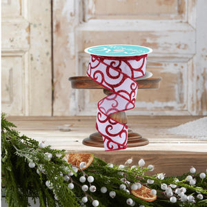 1.5" Glitter Swirl Ribbon: White/Red (10 Yards)