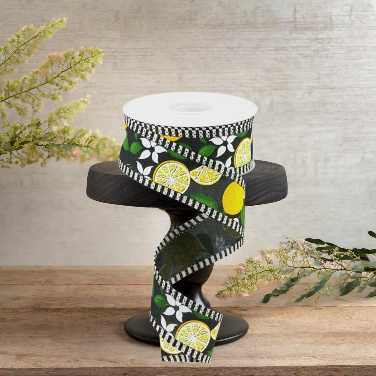 1.5" Lemon Thin Stripes Ribbon: Black (10 Yards)