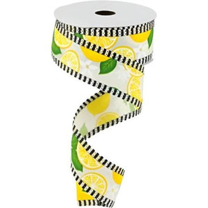 1.5" Lemon with Leaves Thin Stripes Ribbon: Cream (10 Yards)