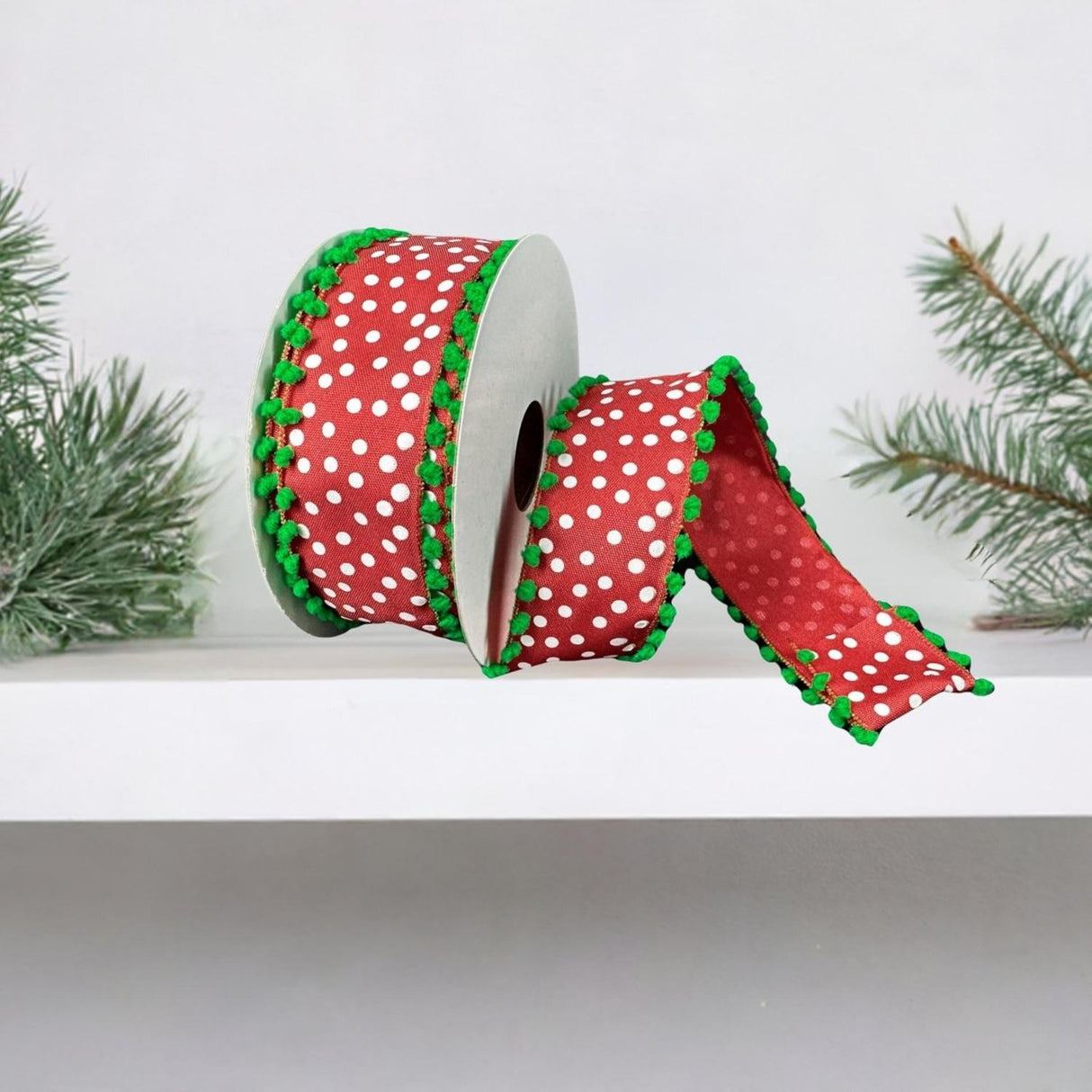 1.5" Linen Dots Pom Pom Ribbon: Red/Green (10 Yards)