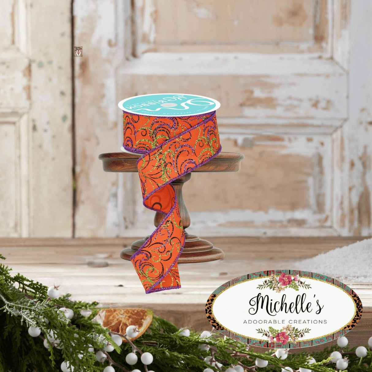 1.5" Multi Swirls Glitter Ribbon: Orange/Black/Purple (10 Yard)