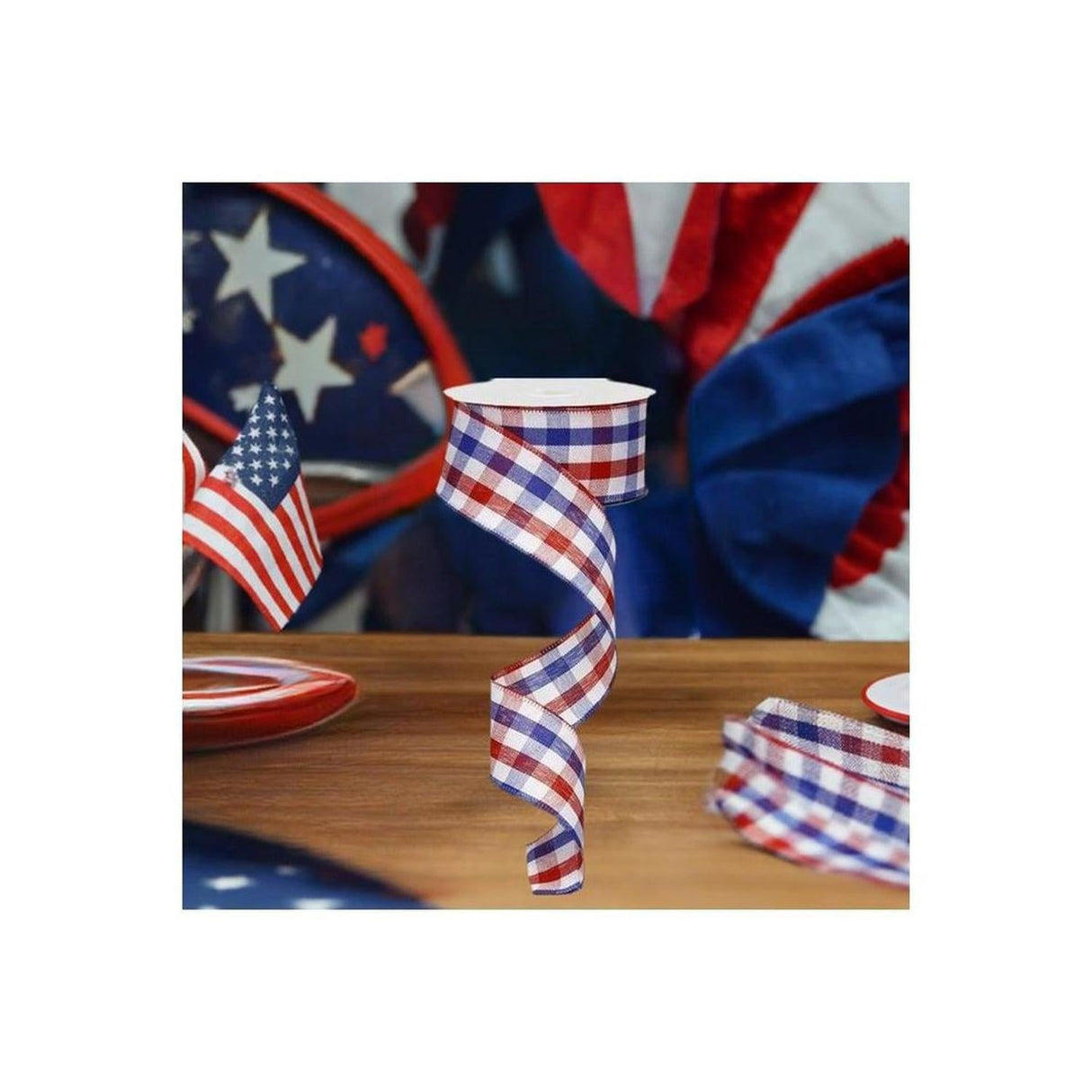 1.5" Patriotic Gingham Plaid Ribbon: Red, White & Blue (10 Yards)