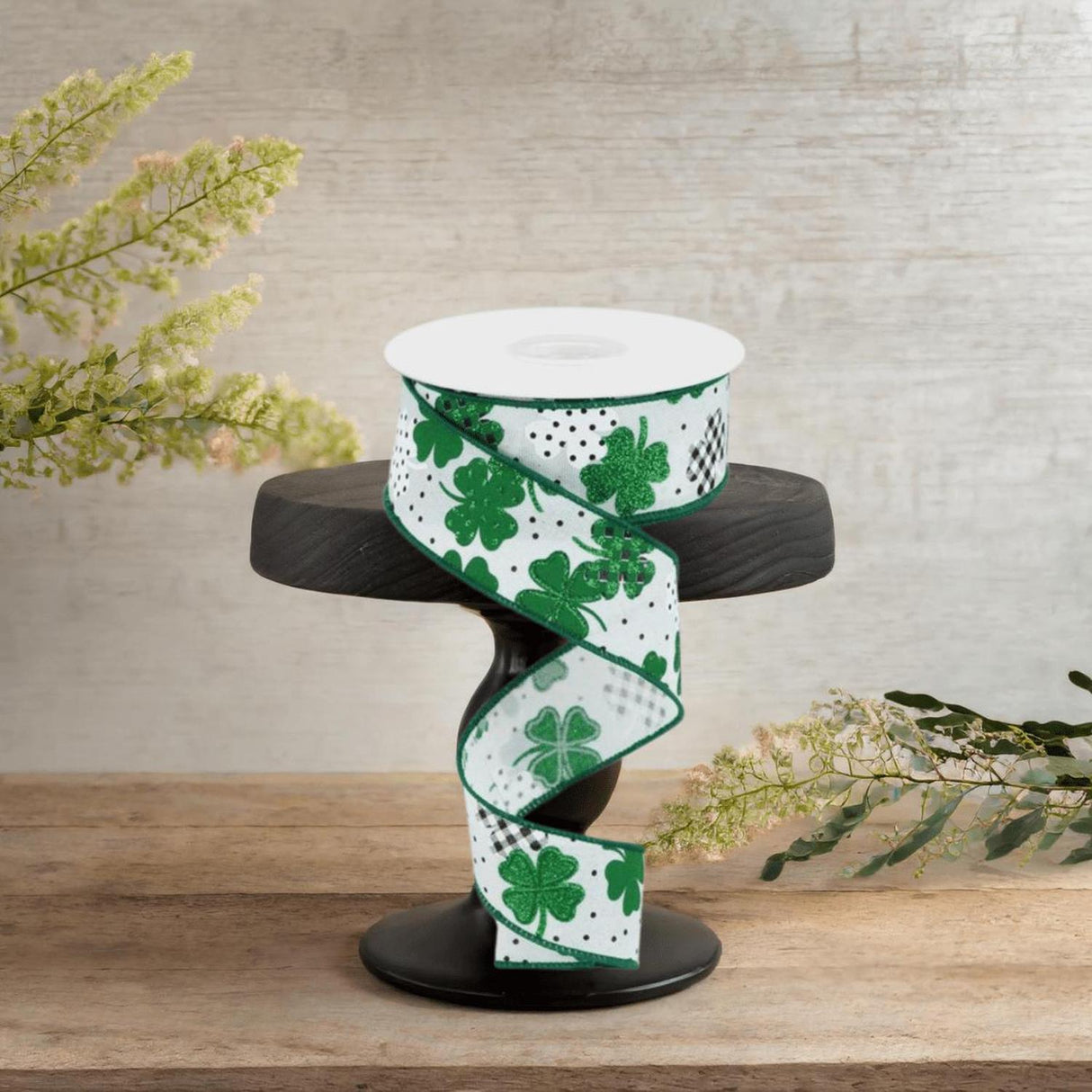 1.5" Pattern Shamrock Ribbon: White (10 Yards)