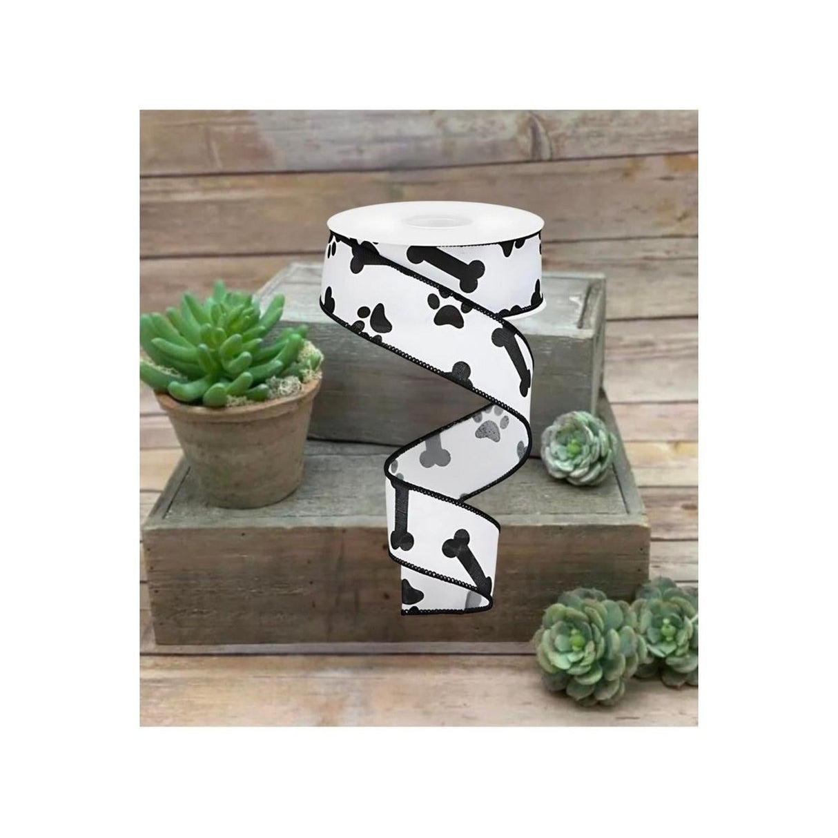 1.5" Paw Print Royal Ribbon: White & Black (10 Yards)